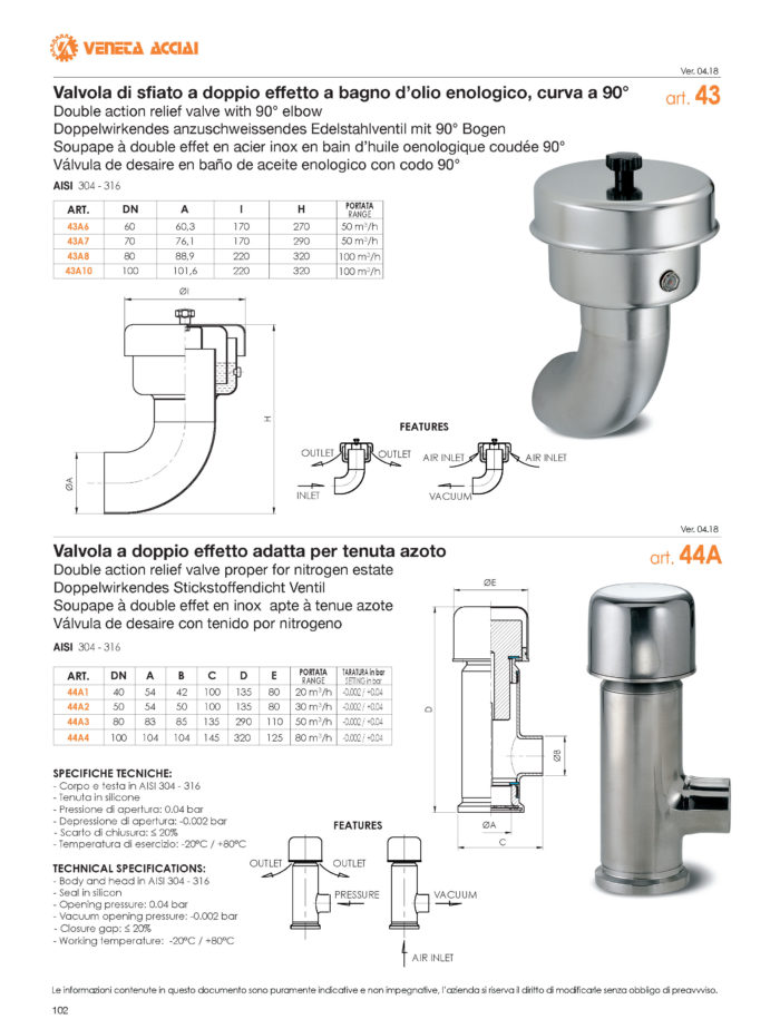 Soupape à double effet en acier inox en bain d’huile oenologique coudée 90°